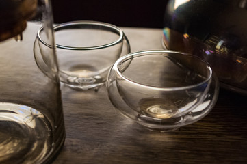 Vacuum glass tea cup for chinese puer tea, close-up, macro