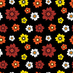 Seamless vector floral pattern, black background, and red, yellow, white and orange