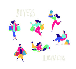 Illustration of people with purchases. Vector. Men and women bought things. Discounts and sales in retail networks. Flat cartoon style. Black Friday. Shopping on the Internet. Order and delivery.