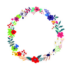 Illustration of a wreath of flowers and buds on a white background. Vector. Picture for banner, greeting card. March 8, women's day. Cartoon style. The image of summer and spring. Round frame. Invitat