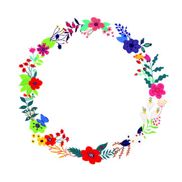 Illustration of a wreath of flowers and buds on a white background. Vector. Picture for banner, greeting card. March 8, women's day. Cartoon style. The image of summer and spring. Round frame. Invitat