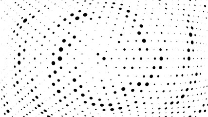 Halftone gradient pattern. Abstract halftone dots background. Monochrome dots pattern. Vector halftone texture. Radial twisted circle. Grunge texture. Pop Art, Comic small dots. Wave dots, 3D sphere