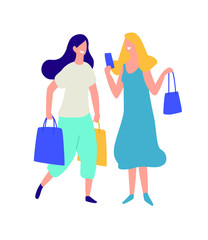 Illustration of two girls with purchases. Vector. Positive flat illustration in cartoon style. Discounts and sales. Shopaholics shopping. Online shopping. Girls communicate offline and online.