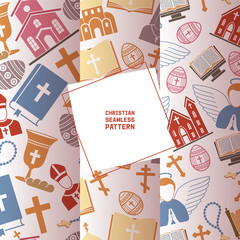 Religion vector seamless pattern catholic church or cathedral and religious sings of christianity illustration backdrop set of christian cross bible with sign easter eggs background