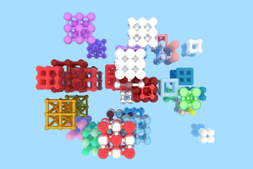 Molecule style concepture inter-locked square or pyramids. For graphic design or background, virtual geometric. 3D render.