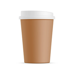 Brown cardboard coffee cup with plastic lid isolated on white background. Vector illustration