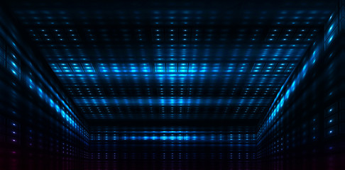 Dark tunnel, corridor, room with smoke, neon light, red and blue neon. Abstract light, glowing lines and spotlight. Night view. 3d render