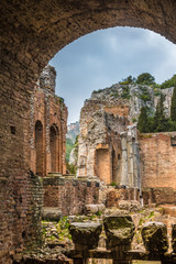Ruins of Ancient Greek Theater of Taormina (Tauromenion in Greek), Metropolitan area of Messina, Eastern Sicily, Italy. Founded by Greek colonists from Naxos