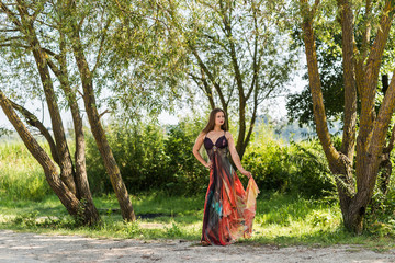 Obraz na płótnie Canvas Young attractive girl in summer dress posing outdoor