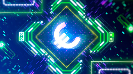 The euro money mining sign concept. Glow neon color and hi-tech cyber security