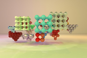Virtual geometric, molecule style concepture, inter-locked square or pyramids for design texture, background. 3D render.