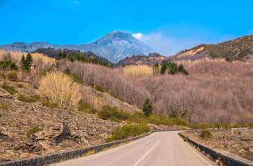 Approaching Mount Etna, an active stratovolcano on the east coast of Sicily, Italy, in the Metropolitan City of Catania. One of the world’s most active volcanoes.
