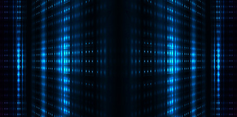 Dark tunnel, corridor, room with smoke, neon light, red and blue neon. Abstract light, glowing lines and spotlight. Night view. 3d render