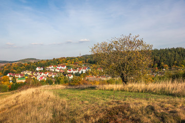 View on the Kamienna Gora at autumn in Sudety mountains, Poland