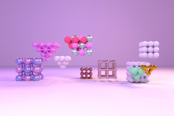 Virtual geometric, molecule style concepture, inter-locked square or pyramids for design texture, background. 3D render.