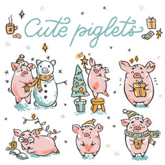 Christmas piglets vector set