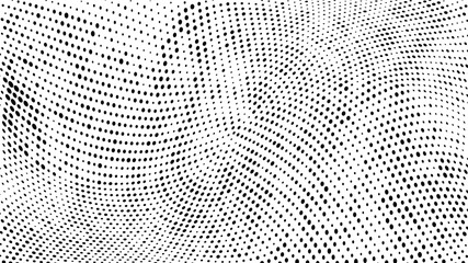 Halftone gradient pattern. Abstract halftone dots background. Monochrome dots pattern. Vector halftone texture. Grunge texture. Pop Art, Comic small dots. Wave twisted dots. Template for cover, banner