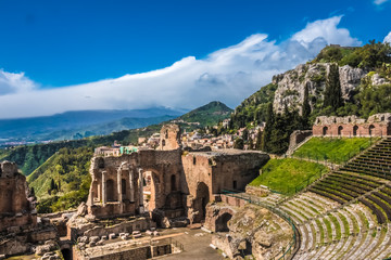 Ruins of Ancient Greek Theater of Taormina (Tauromenion in Greek), Metropolitan area of Messina, Eastern Sicily, Italy. Founded by Greek colonists from Naxos