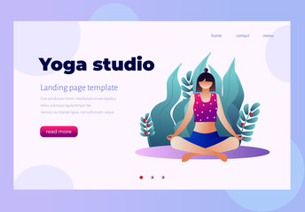 Web page template of Yoga Studio. Modern flat design concept of web page design for website and mobile website. Woman does yoga exercise, yoga pose. Vector illustration. Character design