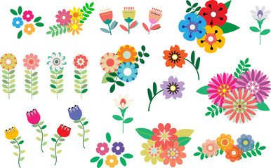 Set of isolated vector flowers and leaves in bright colors. Spring floral icons.