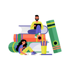 Man and woman with laptops. Online training and freelancing concept. Vector illustration.