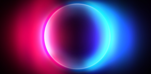 Empty Dark Futuristic Sci Fi Big Hall Room With Lights And Circle Shaped Neon Light. Dark neon background, empty stage, abstract dark background. Neon circle, reflection
