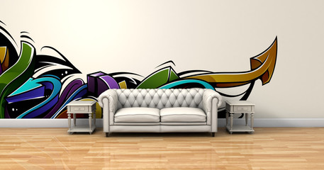 Salón con sofá y pintura graffiti - 258585338
