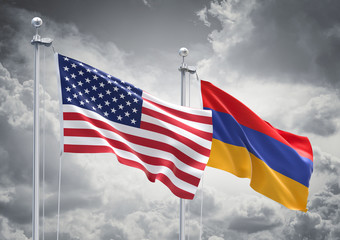 3D Rendering of United States of America & Armenia Flags are Waving in the Sky - 3d illustration