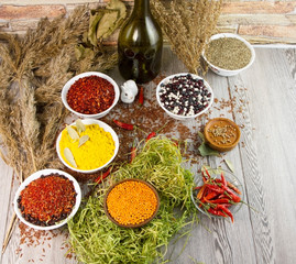 spices and herbs on wooden background