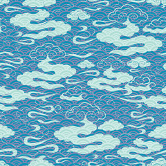 Vector Illustration of stylized, abstract blue, aqua, green, turquoise clouds resembling dragon tails and asian waves. Ideal for fabric, wallpaper and home decor.