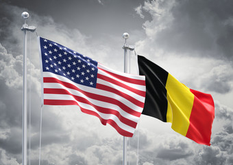 3D Rendering of United States of America & Belgium Flags are Waving in the Sky - 3d illustration