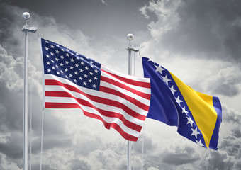 3D Rendering of United States of America & Bosnia and Herzegovina Flags are Waving in the Sky - 3d illustration