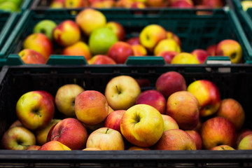 green and red apple fruits food in supermarket interior counter food concept photography