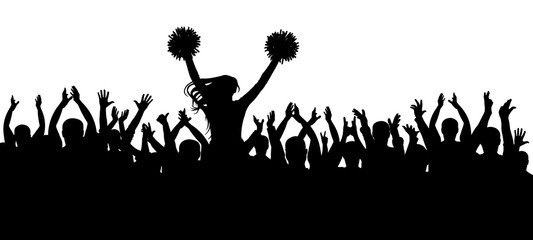 The fans cheering along with the cheerleader silhouette. Crowd. Sport. Vector illustration