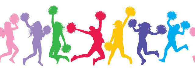 Fototapeta na wymiar Seamless pattern of colorful silhouettes of jumping girls with poms (cheerleaders). Vector illustration