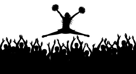 Silhouettes of jumping girl with pompoms (stredl jump) and applauding crowd. Vector illustration.