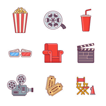 Set of cinema flat line icons. Vector illustration.