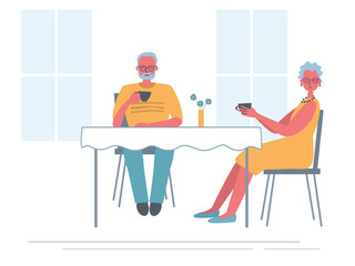 Senior couple in the cafe. Old lady and old man are sitting at the table and drinking tea. Funky flat style. Vector illustration in yellow and blue colors.