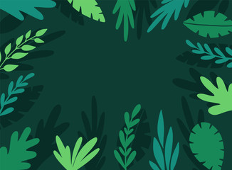 Summer vector background with tropical leaves and plants branches on dark background. Flat style vector illustration 