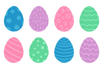 Set of bright colorful Easter eggs with different design. Vector illustration