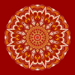 Mandala - burgundy background, round floral pattern, elegant lace lines in yellow-orange shades. Symmetry and harmony, fashionable design of clothes, elements of interior design.