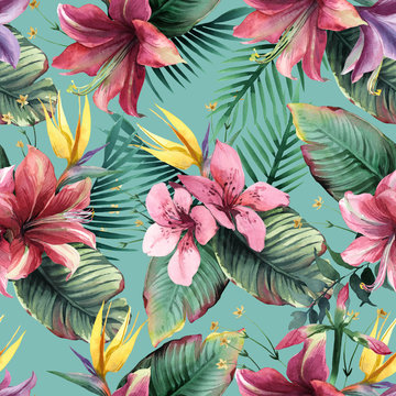 Watercolor Seamless Pattern Of Tropical Flowers And Leaves On Blue Background