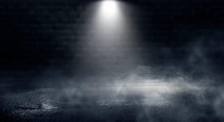 Background of an empty dark room, smoke and dust.