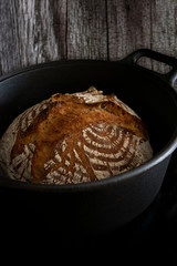Fresh homemade bread in a dutch oven