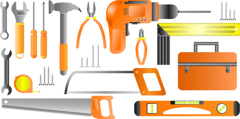 Stock vector illustration set isolated icons building tools repair, construction buildings, drill, hammer, screwdriver, saw, ruler, pliers, screws, meter, level, spanner, tool box, kit flat style