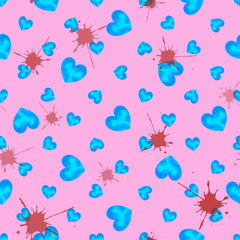 Seamless pattern of blue watercolor hearts of different size and burgundy spots.