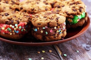 ice cream sandwiches with strawberry and chocolate. Chocolate Chip Cookie Ice Cream Sandwich