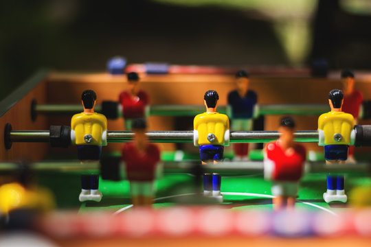 Football table. Soccer players. Selective focus