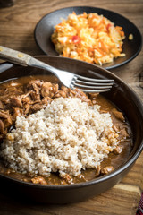 Barley groats with stewed meat.