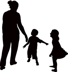 mother and children playing, silhouette vector
